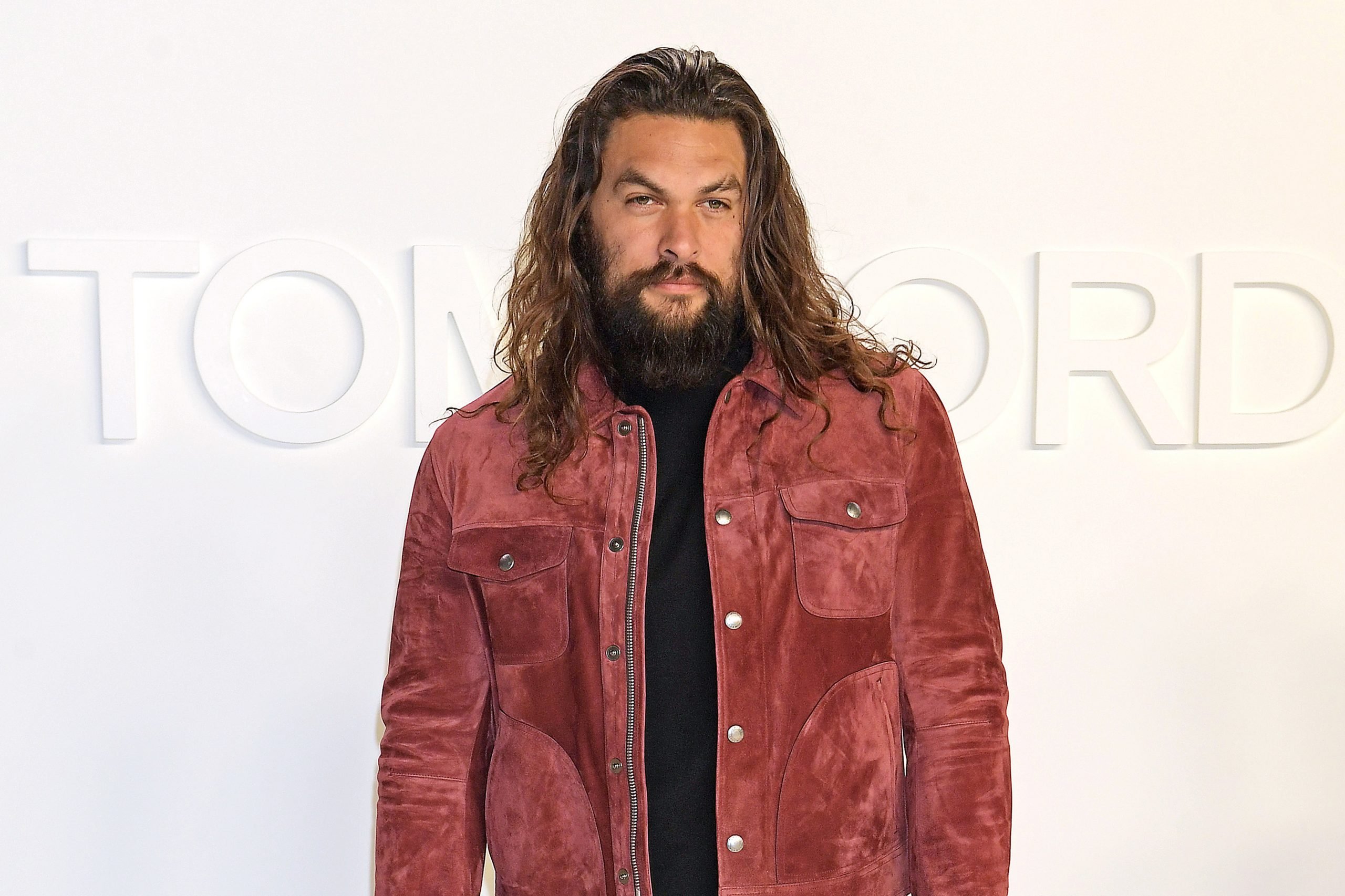 Jason Momoa 'Sweet Girl' wearing suede jacket and black t-shirt