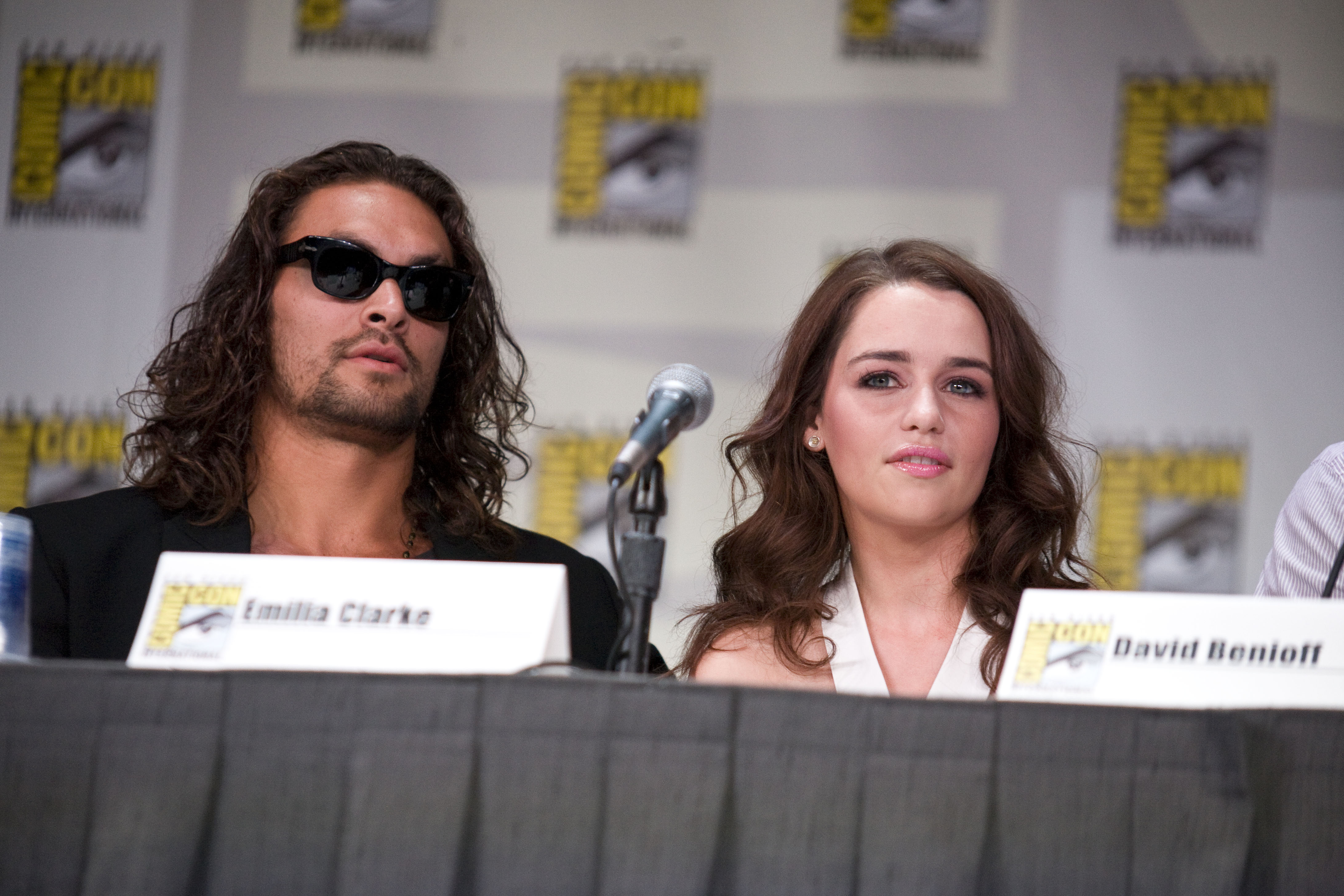 Jason Momoa and Emilia Clarke together at a 'Game of Thrones' Comic-Con panel.