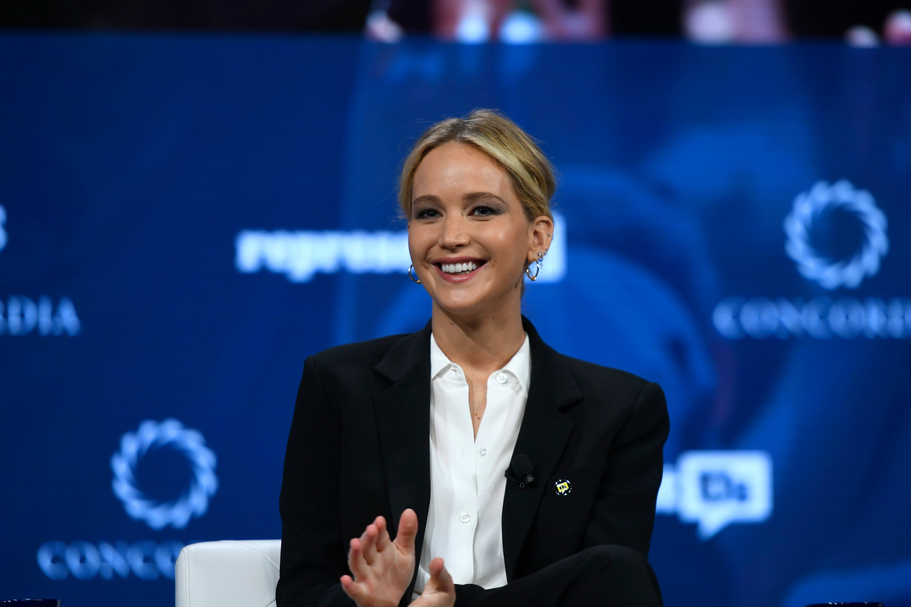 Jennifer Lawrence speaking onstage during the 2018 Concordia Annual Summit