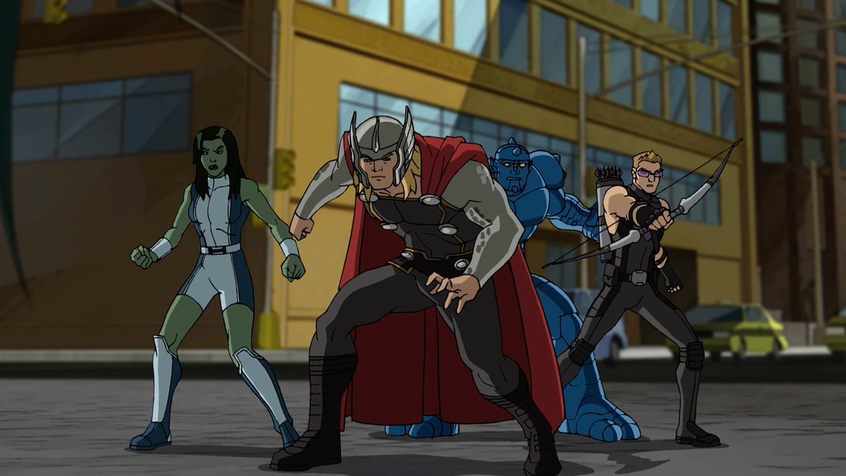 She-Hulk, Thor, A-Bomb, and Hawkeye from 'Marvel's Ultimate Spider-Man'