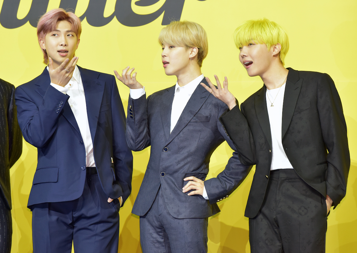 RM, Jimin, J-Hope of BTS attend a press conference for BTS's new digital single 'Butter'