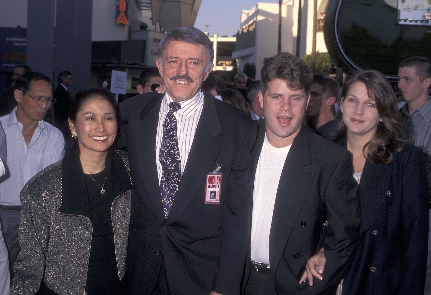 Actor John Astin, wife Valerie, son Sean Astin, and daughter-in-law Christine attend 'The Frighteners' in July 1996 at the Cineplex Odeon Universal City Cinemas in Universal City, California
