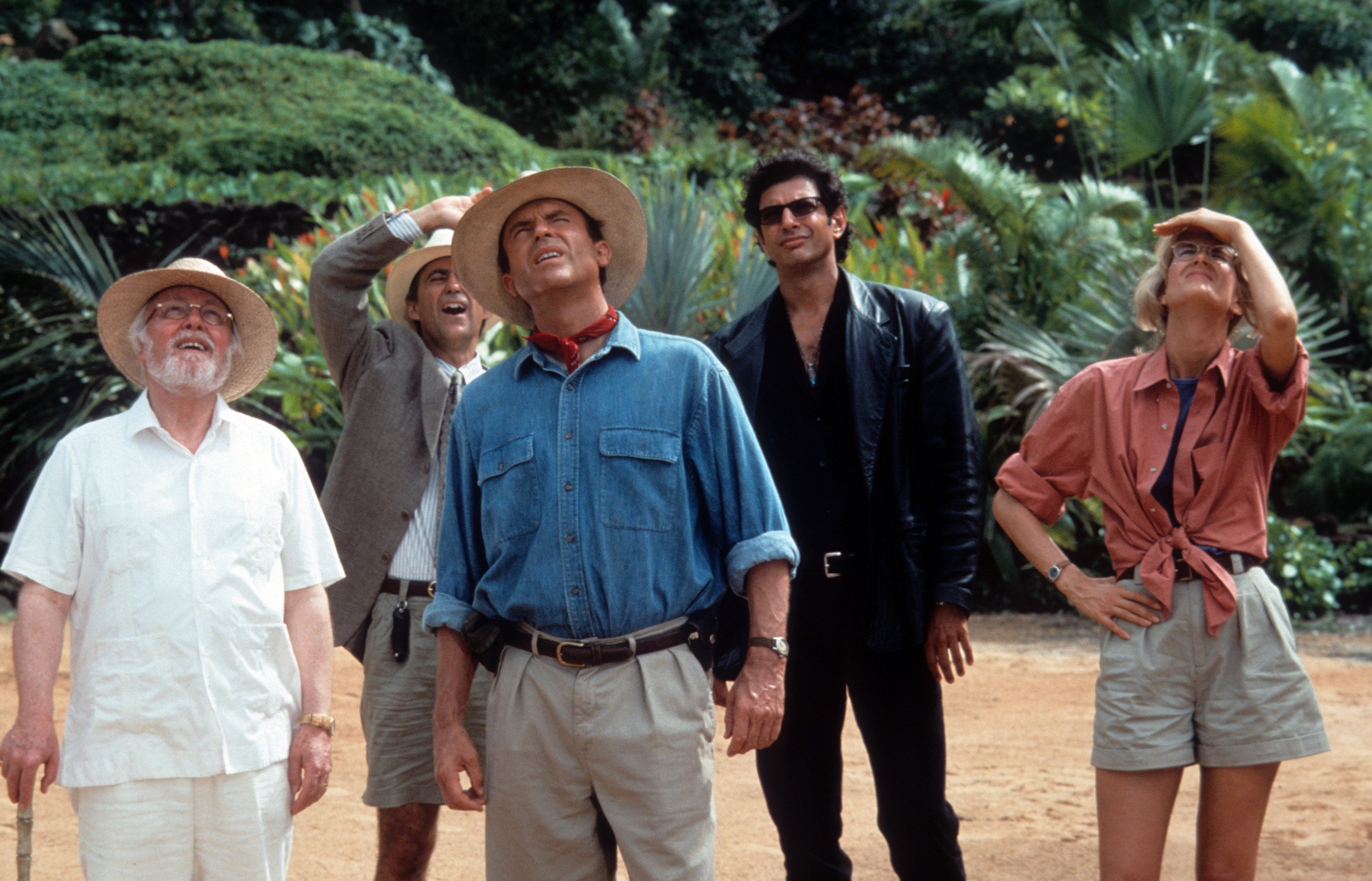 Richard Attenborough, Martin Ferrero, Sam Neill, Jeff Goldblum, and Laura Dern of film 'Jurassic Park'