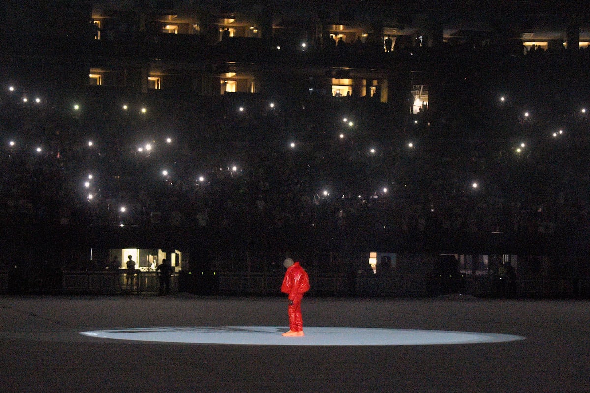 Kanye West is seen at ‘DONDA by Kanye West’ listening event at Mercedes-Benz Stadium on July 22, 2021 in Atlanta, Georgia.