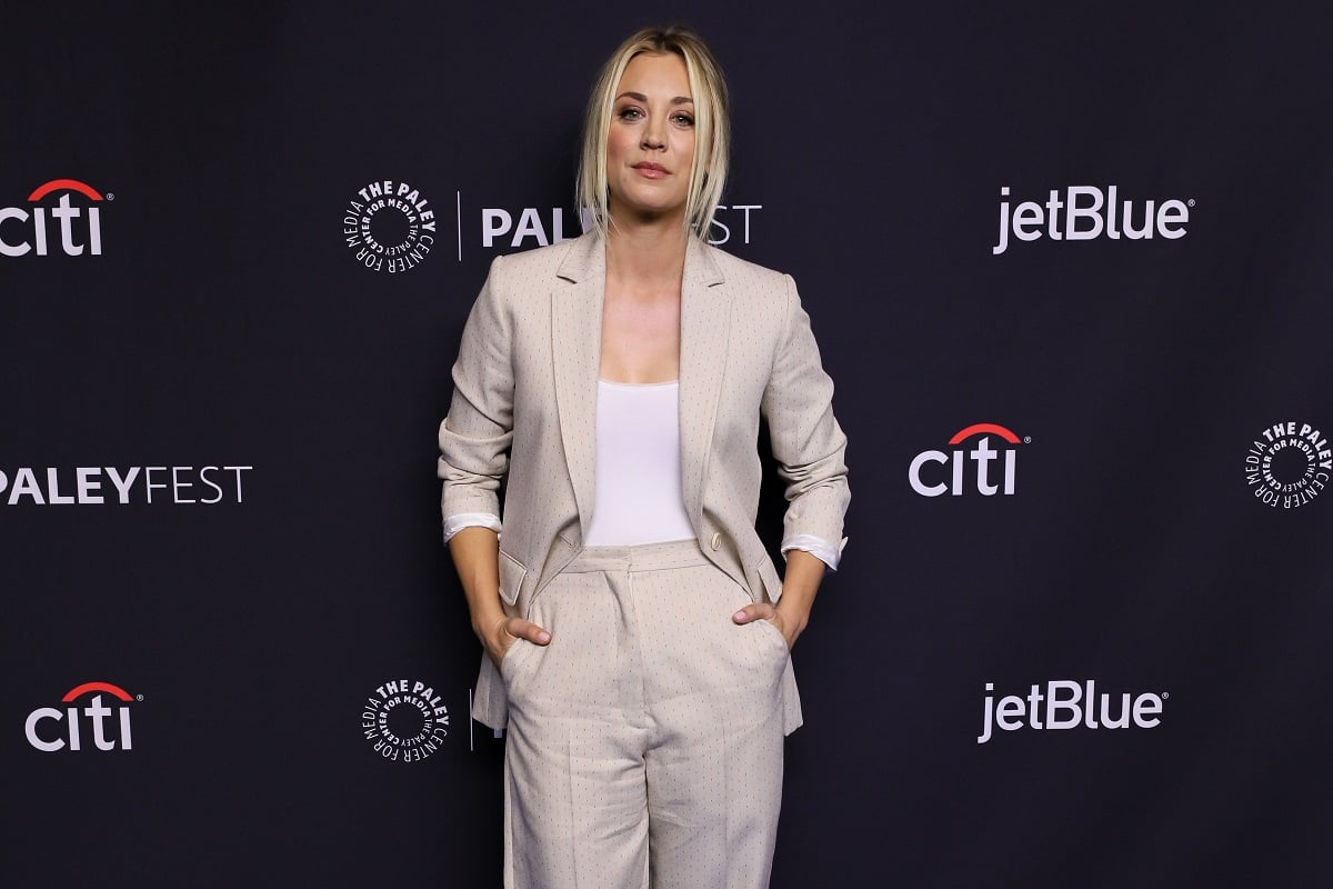 Kaley Cuoco in a tan suit at the Dolby Theatre.