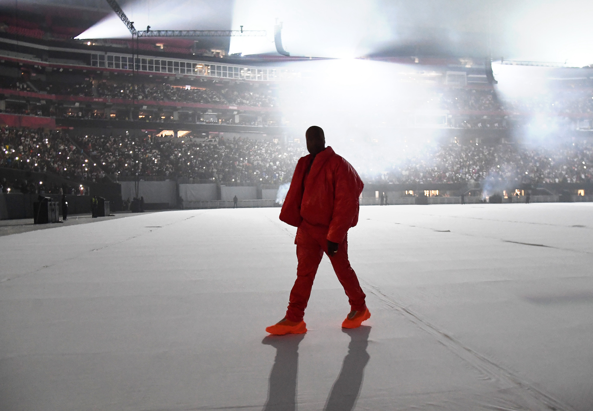 Kanye West performing onstage at listening party for his new album 'DONDA'