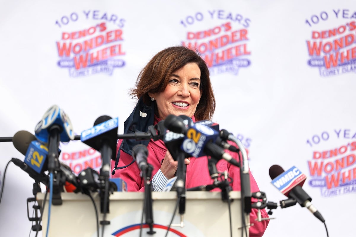 Kathy Hochul speaking during a Coney Island parks reopening event