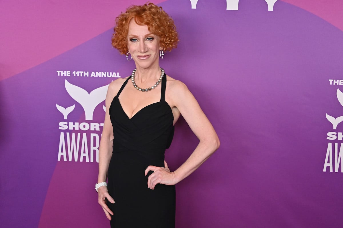 Kathy Griffin in black spaghetti strap dress