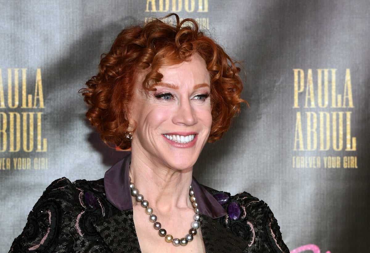 Kathy Griffin wearing a string of grey pearls