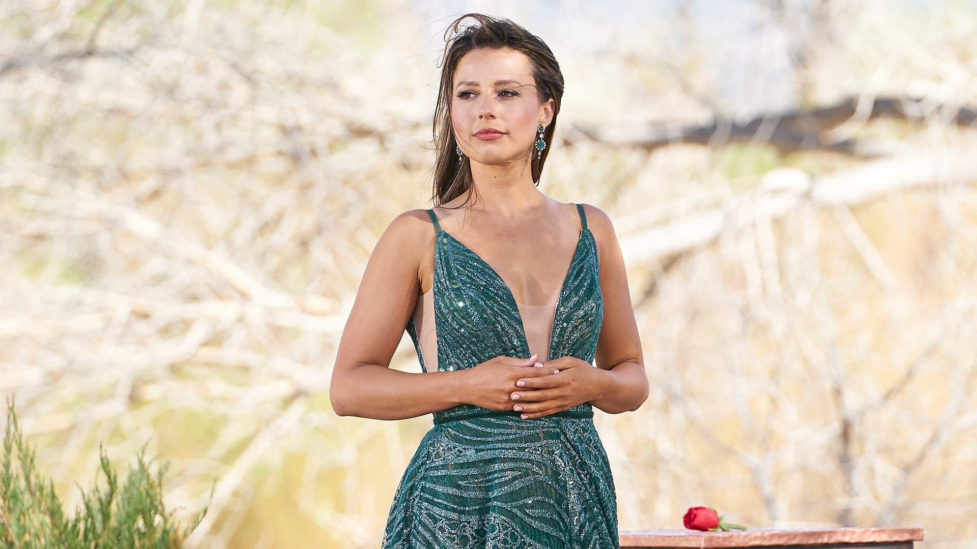 Katie Thurston stands in front of a single rose in ‘The Bachelorette’ Season 17 finale in 2021