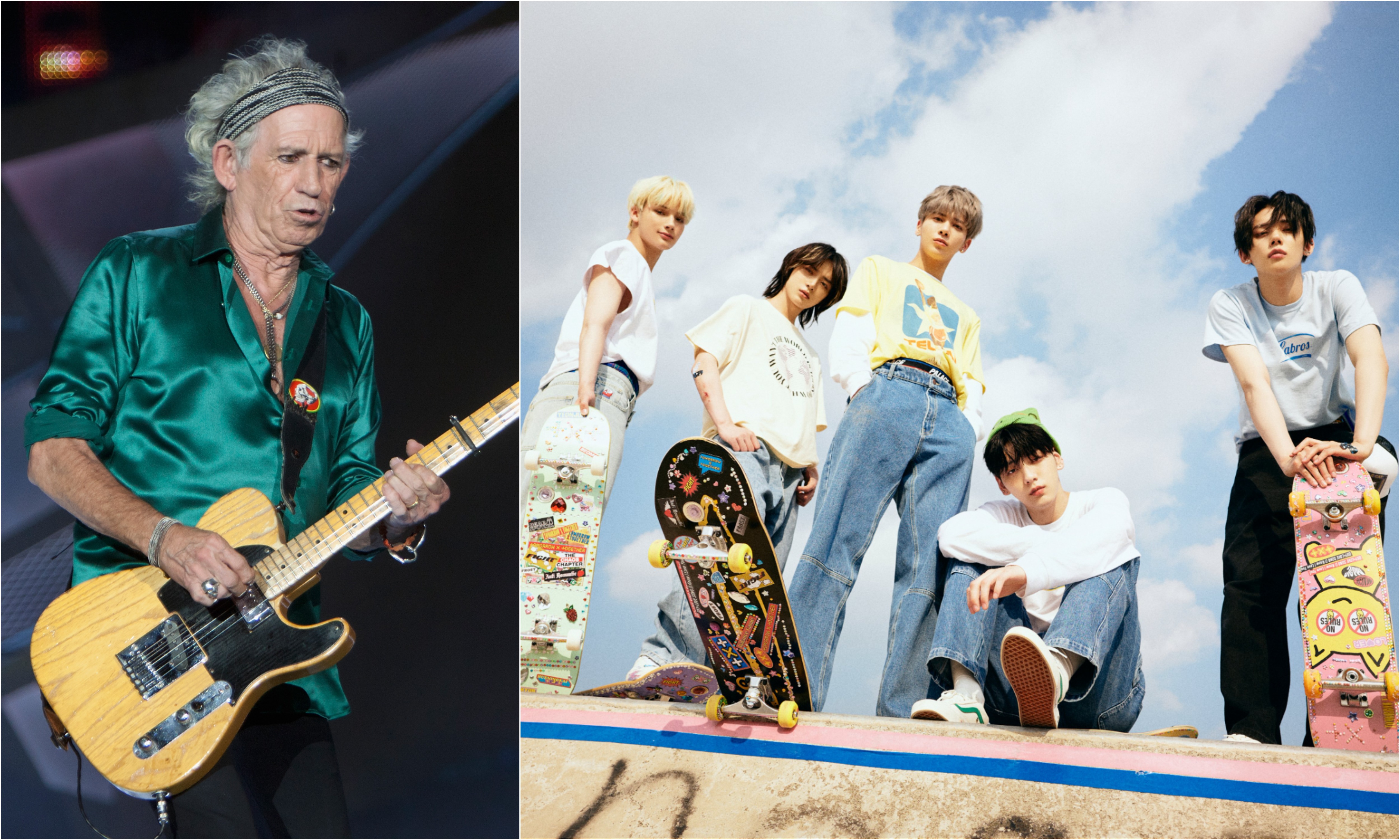 A joined photo of Keith Richards of the Rolling Stones and the members of the K-pop group TXT