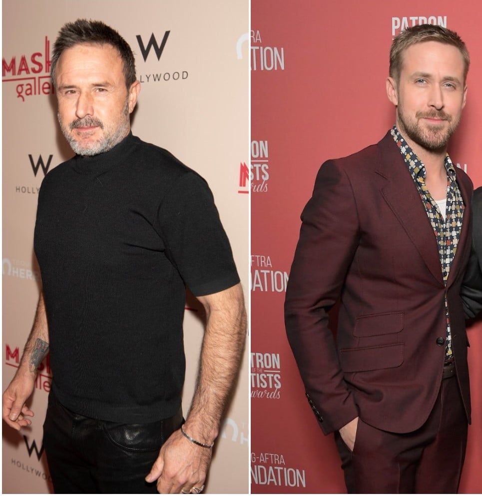(L): David Arquette poses for photo at A Gogo by Mash Gallery, (R): Ryan Gosling poses for photo at the SAG-AFTRA Foundation Awards