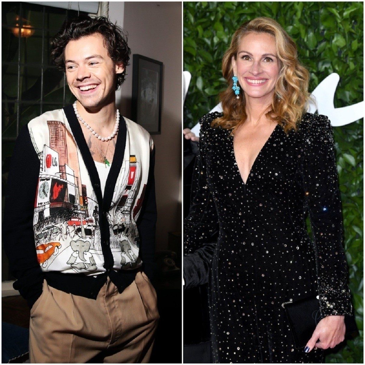 (L): Harry Styles laughing at a Spotify listening session, (R): Julia Roberts smiling in a black sparkling gown at The Fashion Awards