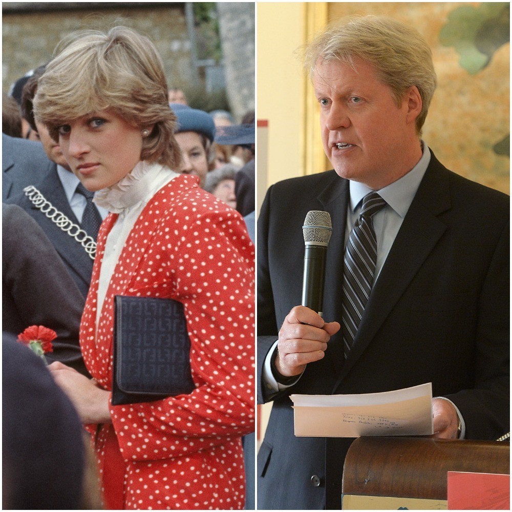 (L) Lady Diana Spencer wearing a red polkadot outfit during walkabout, (R) Charles, 9th Earl Spencer holding a microphone as he delivers remarks at VIP dinner