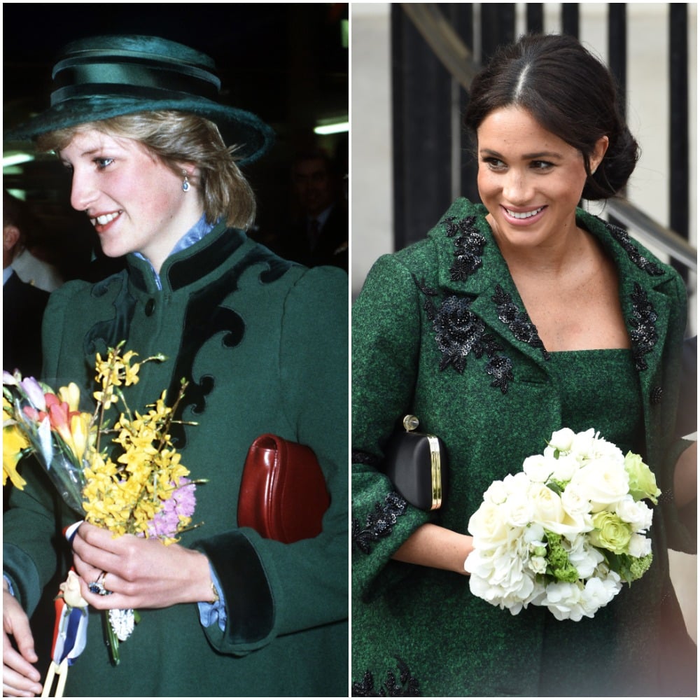 (L) Princess Diana holding flowers and wearing a green coat in 1982, (R) Meghan Markle holding flowers and wearing a green coat in 2019