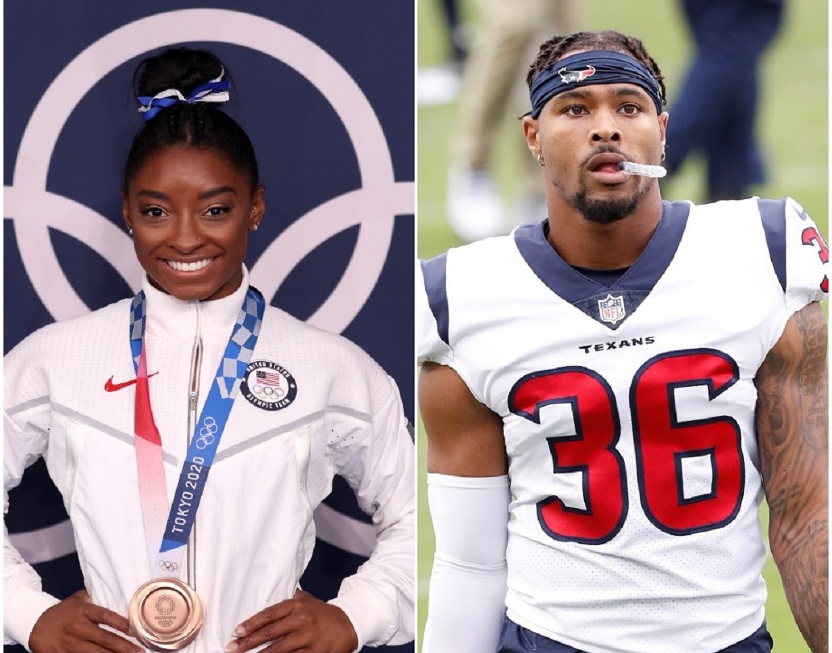 (L) Simone Biles poses with the bronze medal following Balance Beam Final at Tokyo Olympics, (R) Jonathan Owens leaves the field after a game against the Tennessee Titans