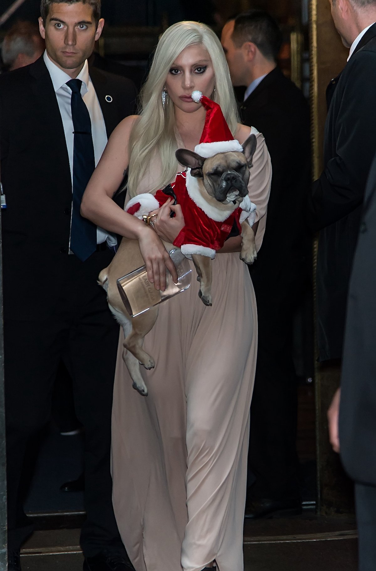 Lady Gaga in a long gown carrying a black dog wearing a Santa costume.