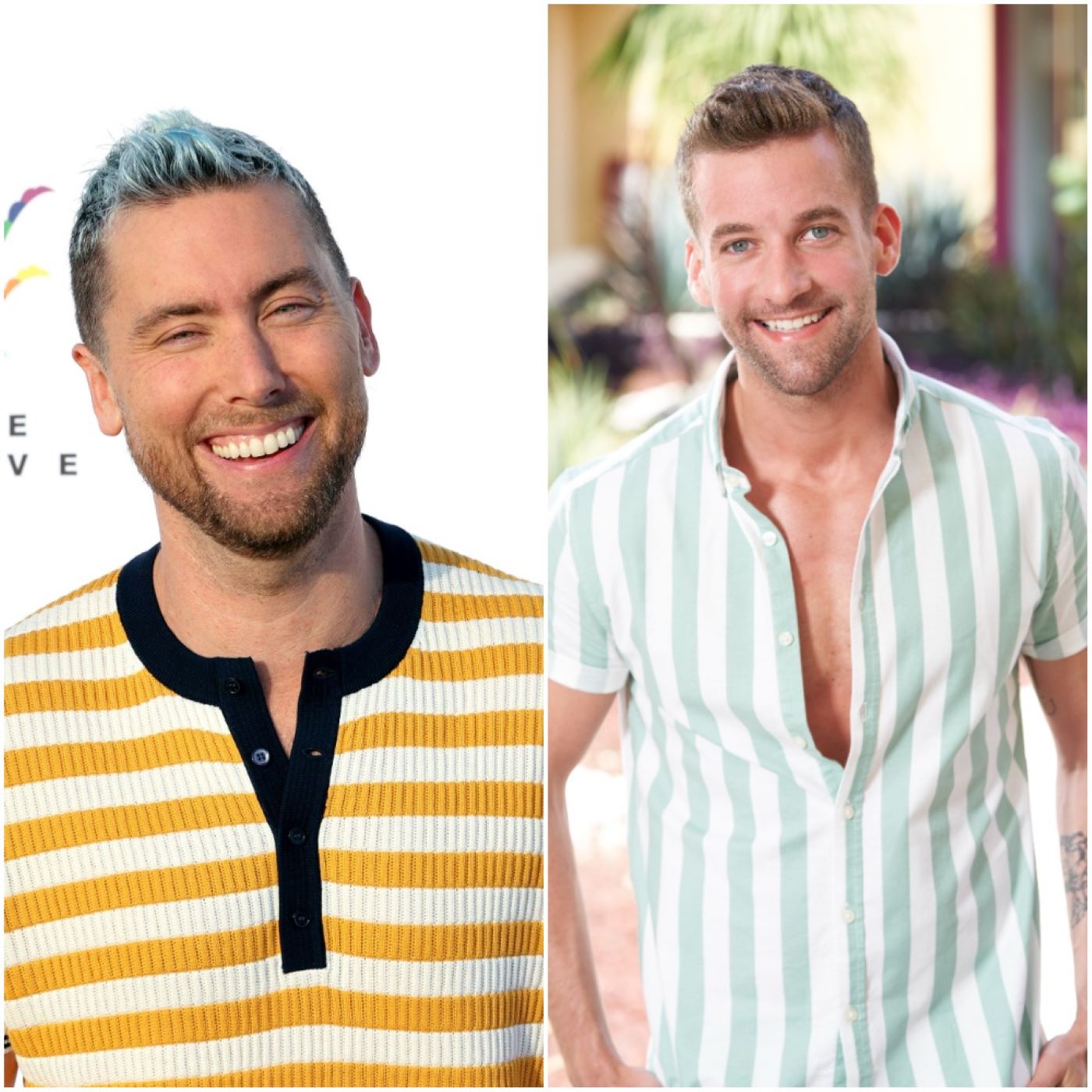 'Bachelor in Paradise' host Lance Bass in a yellow striped shirt and Connor Brennan