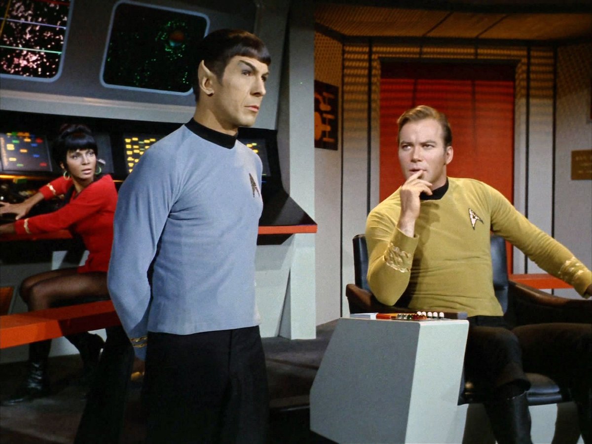 Leonard Nimoy as Spock, William Shatner as James Kirk, and Nichelle Nichols as Nyota Uhura in 'Star Trek'