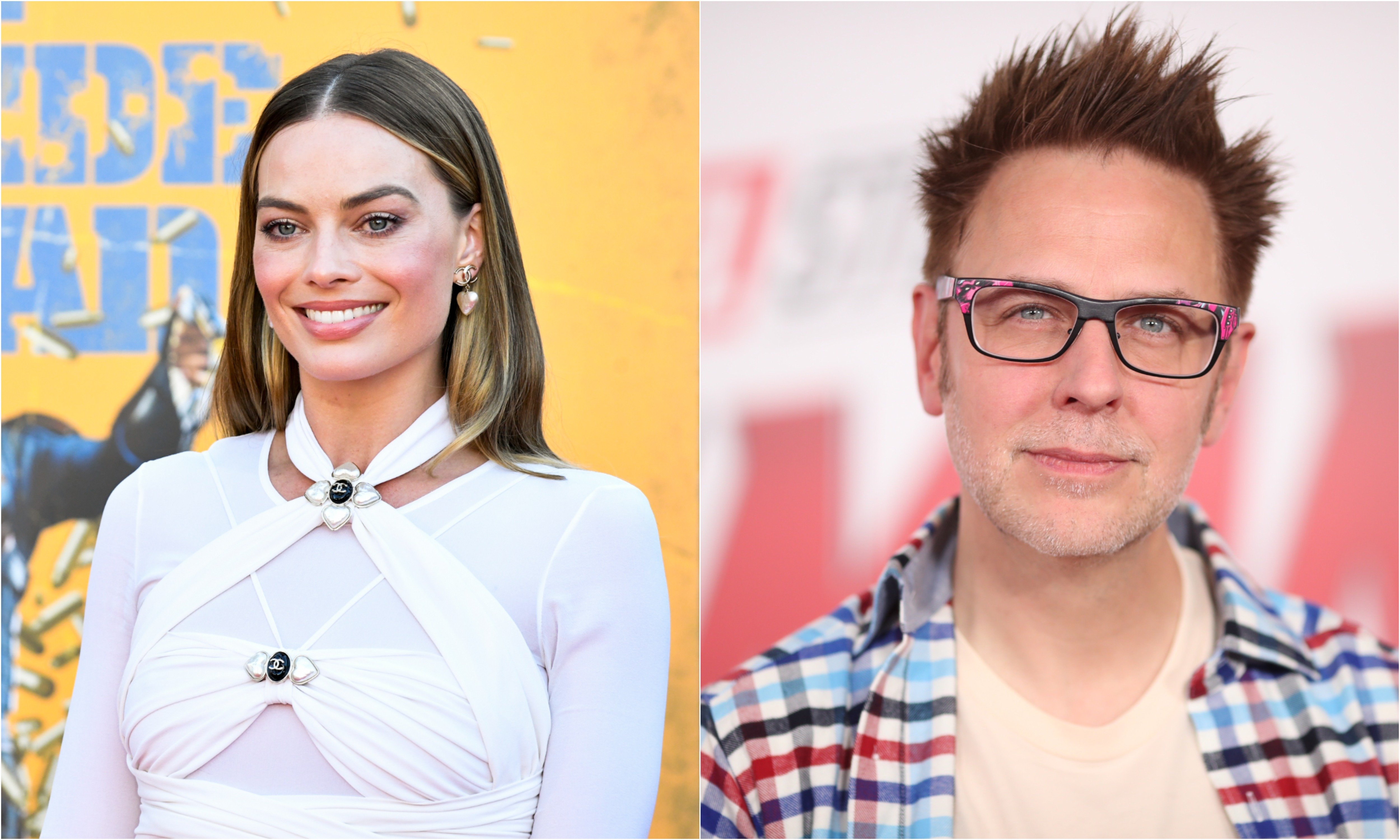 A joined photo of Margot Robbie at 'The Suicide Squad' premiere and director James Gunn at the 'Ant-Man And The Wasp' premiere