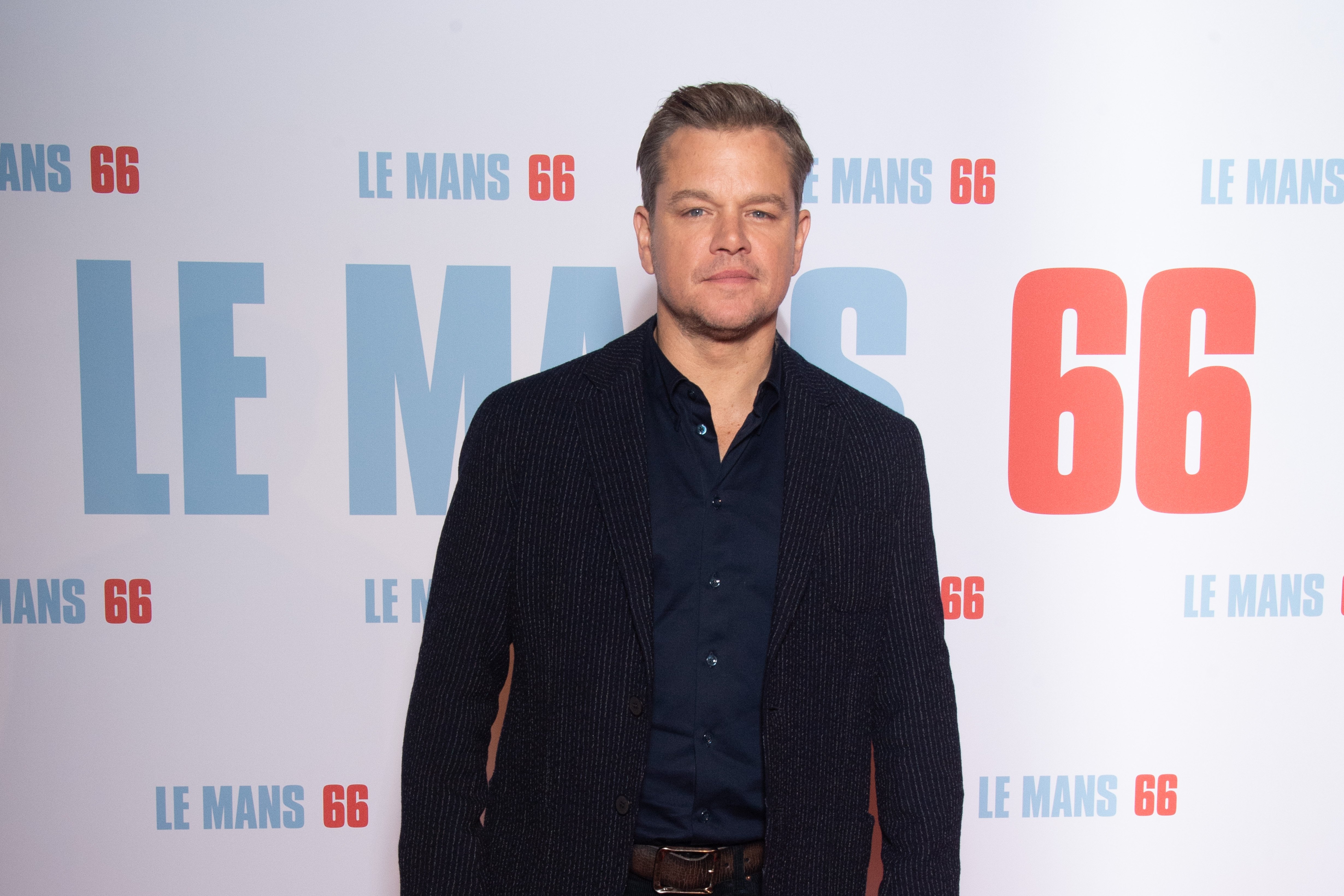 Matt Damon poses for a photo at the "Le Mans 66" Premiere At Cinema Gaumont Champs Elysees on October 06, 2019 in Paris, France.