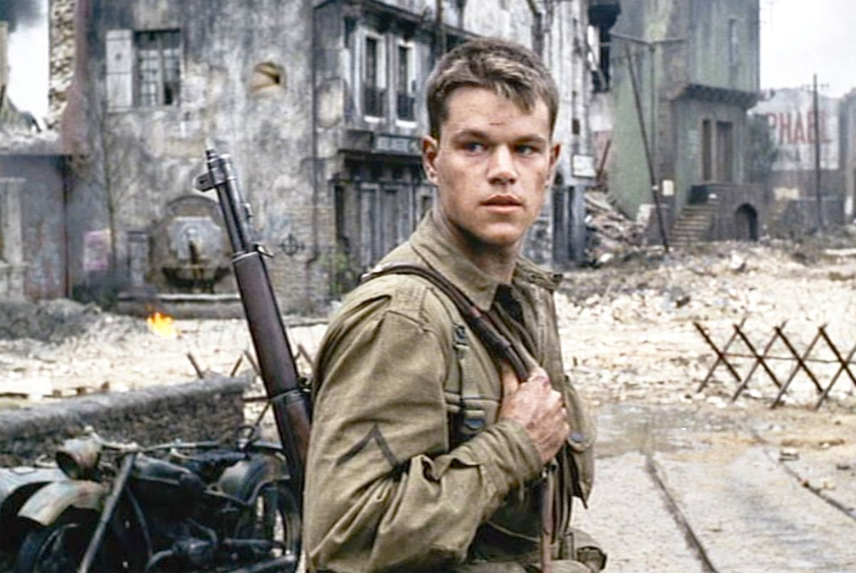 Matt Damon holds his weapon as he turns around in a scene from ‘Saving Private Ryan’
