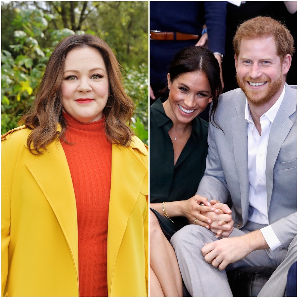 Melissa McCarthy smiles in a red and yellow outfit in 2019; Meghan Markle and Prince Harry smile and hold hands in 2018