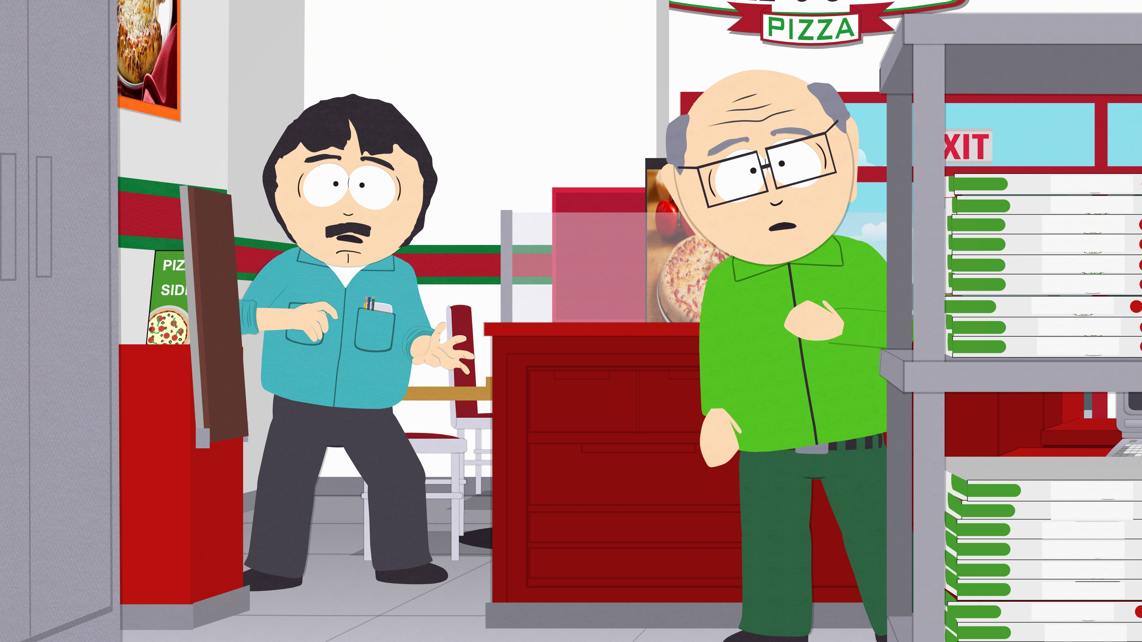 Mr. Garrison and Randy Marsh in a pizza parlor