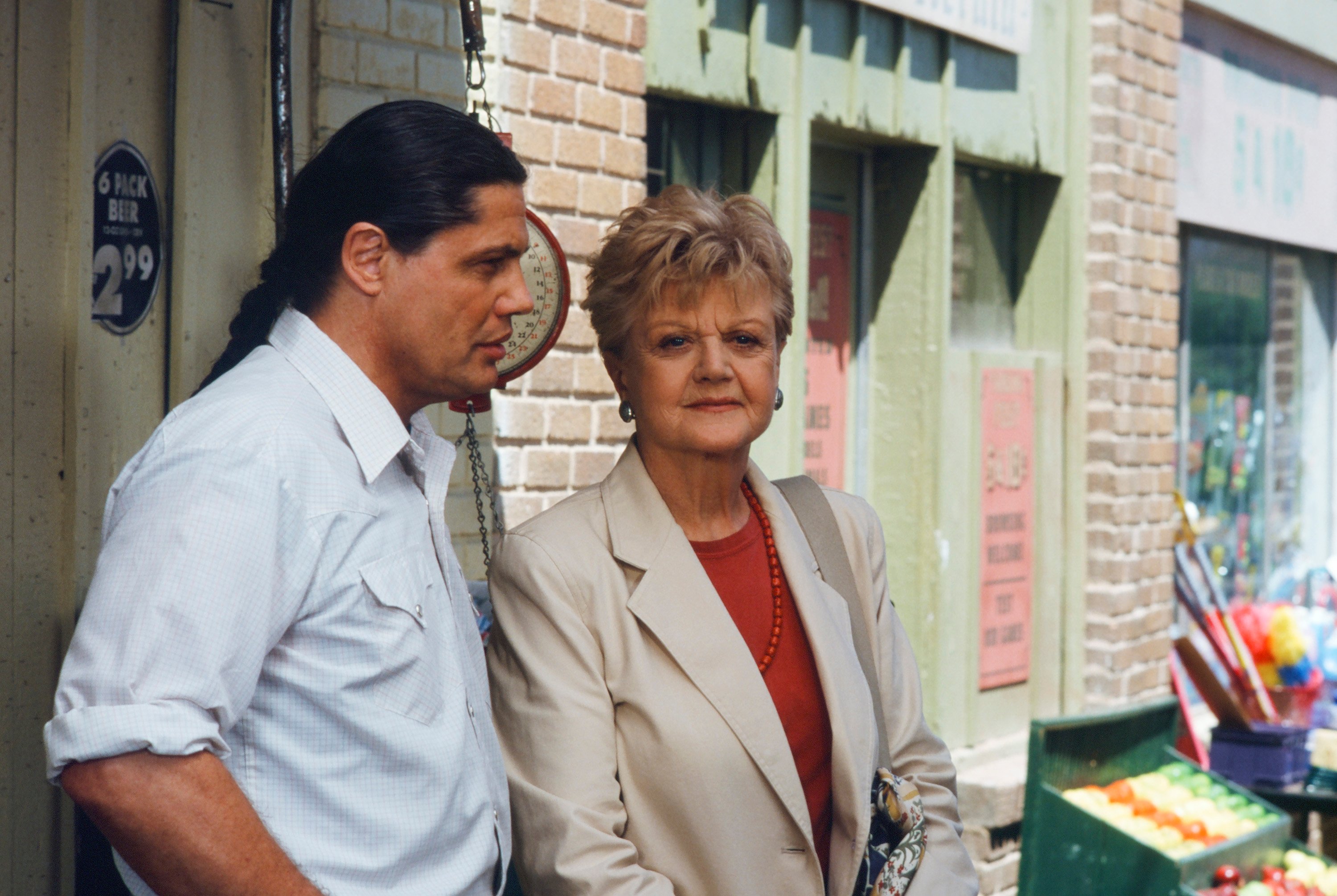 Jim Sunrise and Jessica Fletcher speak on the street in the made-for-TV movie, 'Murder, She Wrote: South by Southwest'