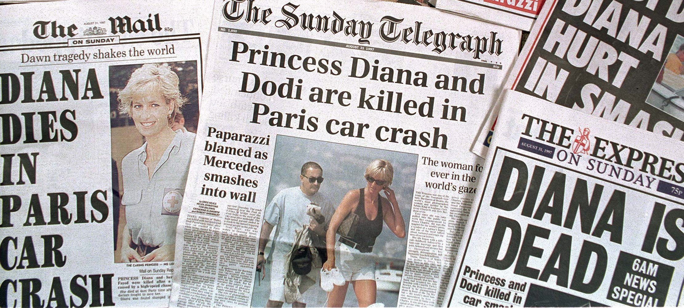 Newspaper headlines announcing the death of Princess Diana and Dodi Fayed