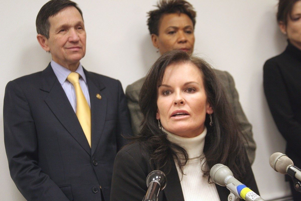 Nicole Brown Simpson's sister, Denise, speaking at news conference to reintroduce the Department of Peace And Nonviolence Bill