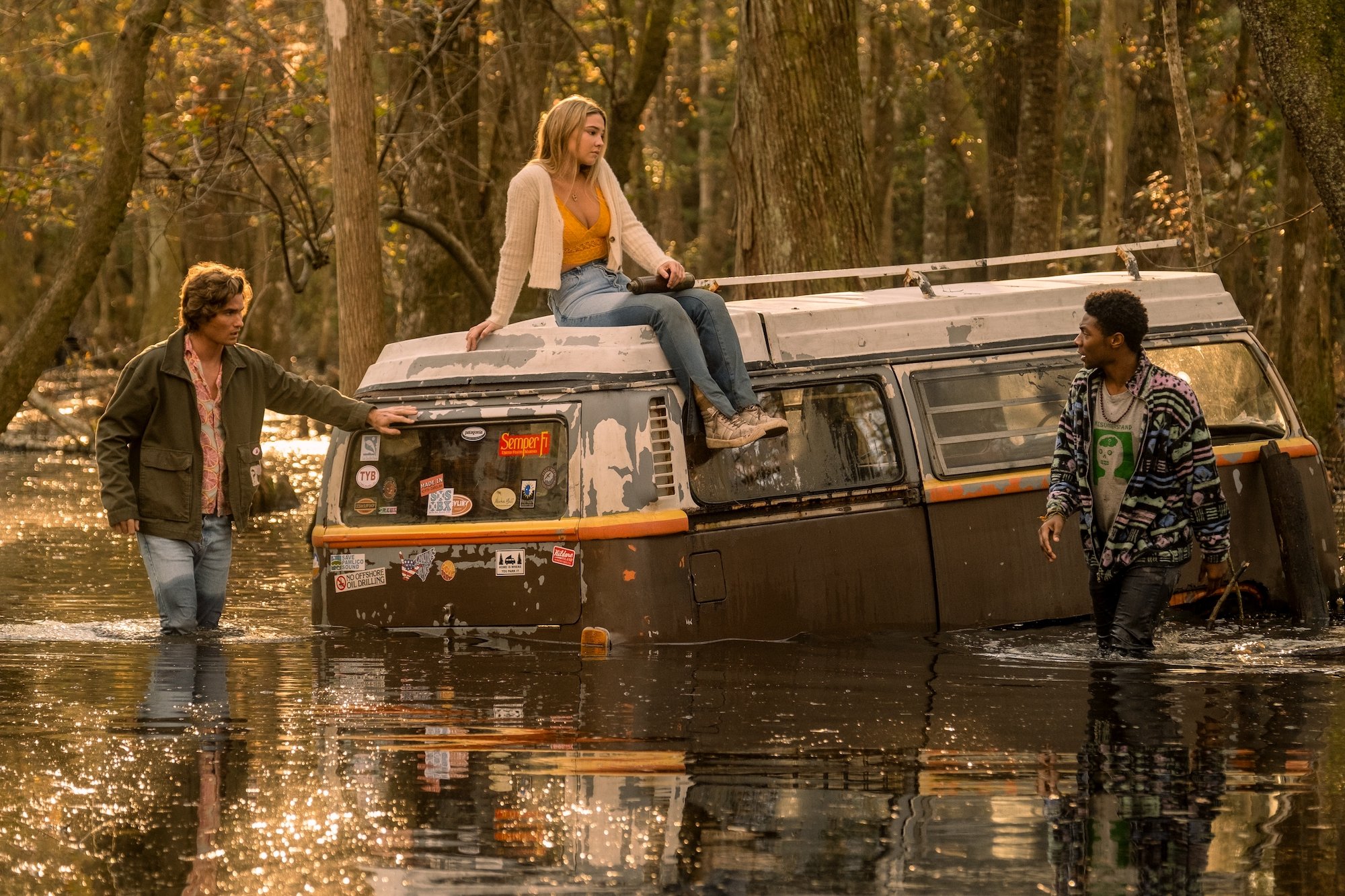 Rudy Pankow as JJ, Madelyn Cline as Sarah Cameron and Jonathan Daviss in 'Outer Banks' Season 2