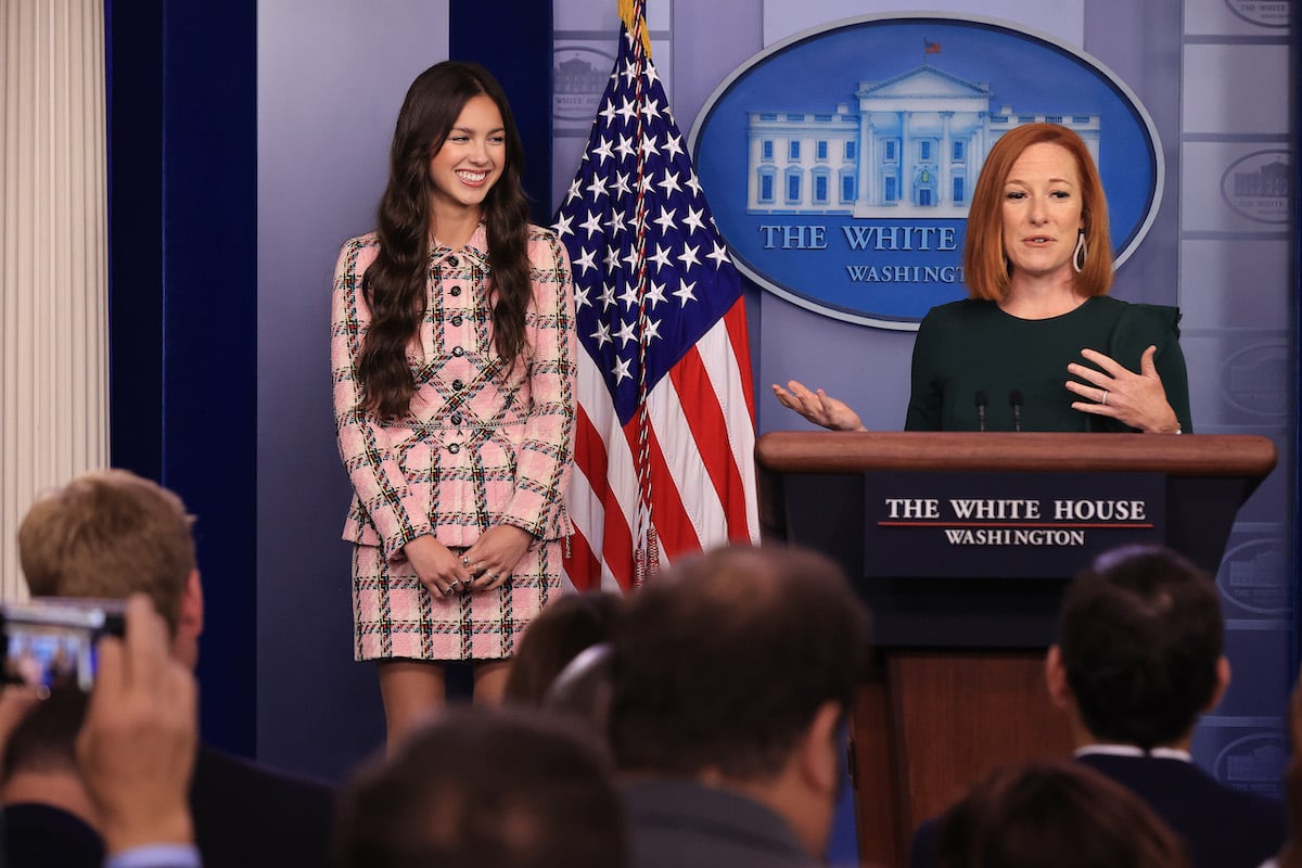 White House Press Secretary Jen Psaki introduces Pop music star and Disney actress Olivia Rodrigo to reporters at the beginning of the daily news conference in the Brady Press Briefing Room at the White House on July 14, 2021 in Washington, DC. Rodrigo is partnering with the White House to promote COVID-19 vaccination outreach to her young fans. 