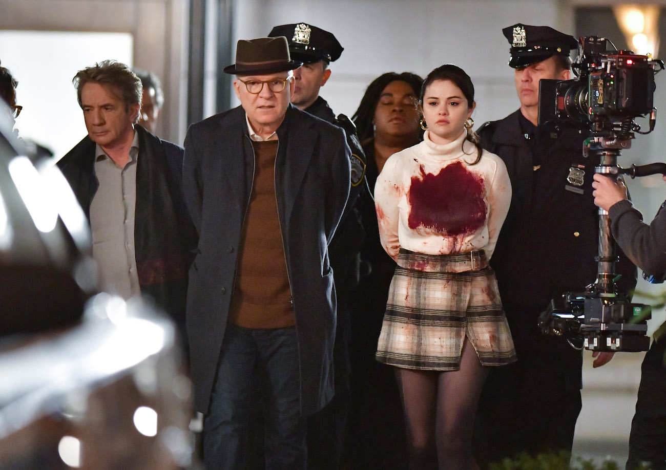 Martin Short, Steve Martin, and Selena Gomez filming 'Only Murders in the Building.'