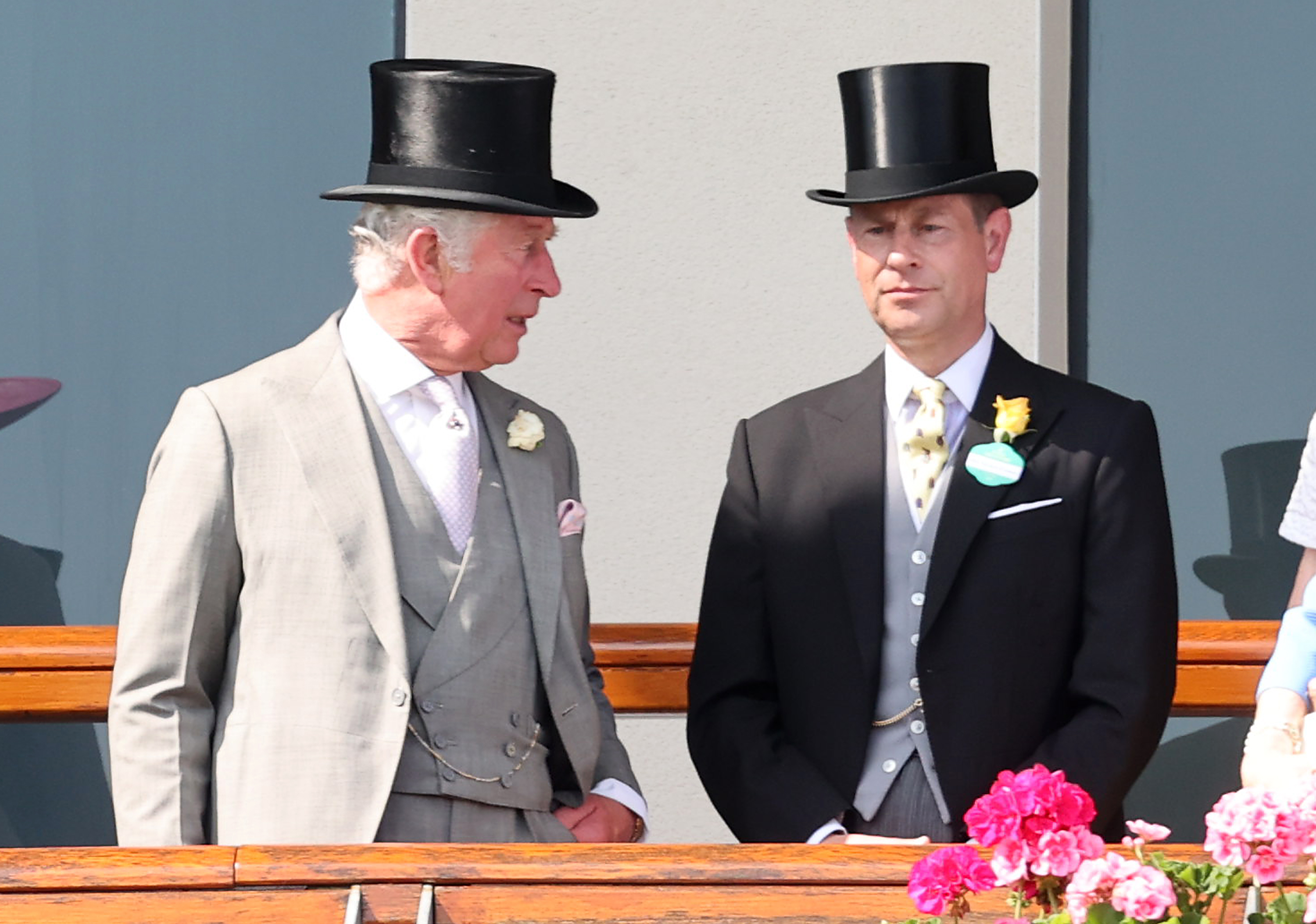 Prince Charles and Prince Edward standing next to one another during Royal Ascot 2021