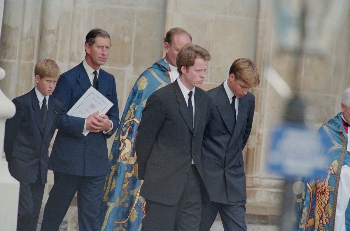 Prince Harry, Prince Charles, Earl Spencer, and Prince William at Westminster Abbey for Princess Diana's funeral service