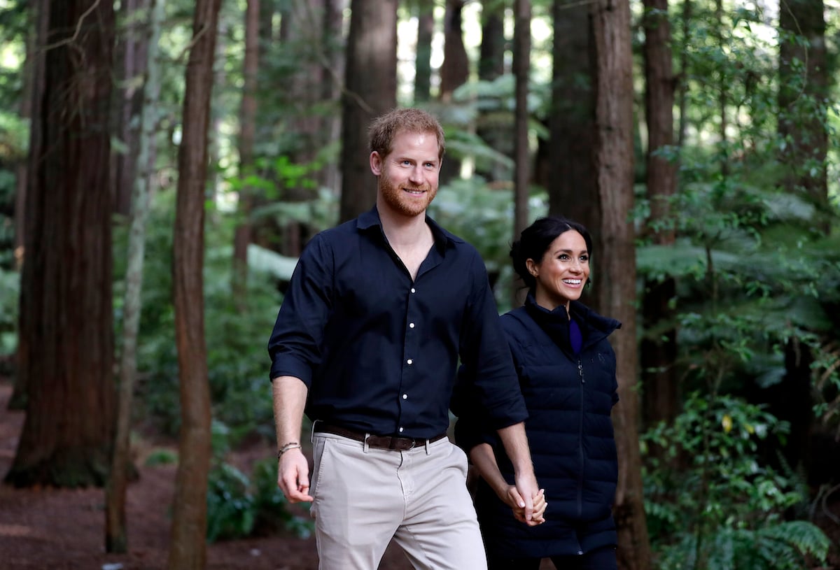 Prince Harry and Meghan Markle smile as they hold hands and walk through the forest during a 2018 royal tour of New Zealand