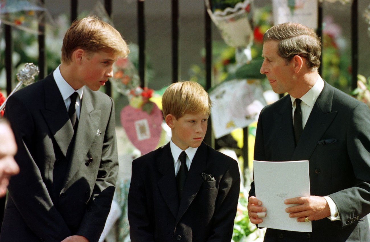 Prince William and Prince Harry talking to Prince Charles at Princess Diana's funeral