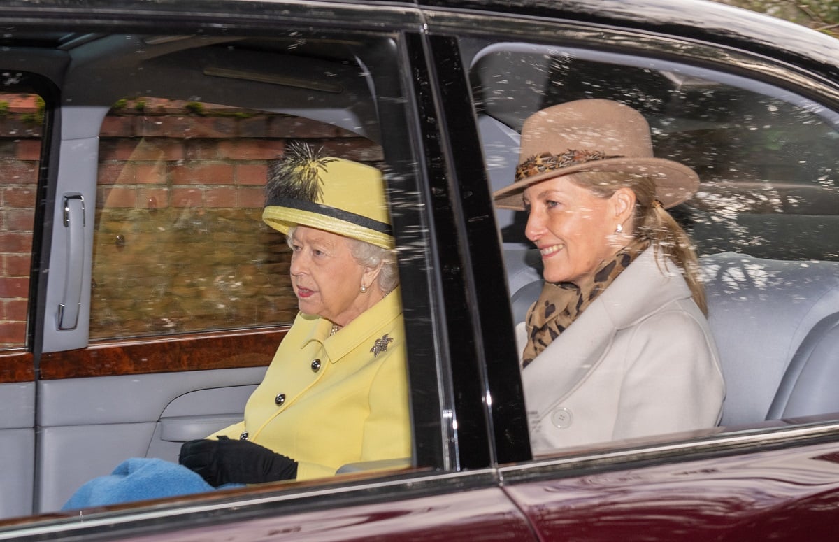 Queen Elizabeth II and Sophie, Countess of Wessex leaving a church service together in a car