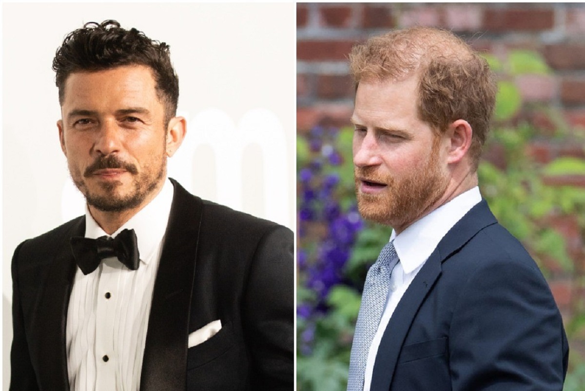 (R): Orlando Bloom in a tuxedo at event, (L): Prince Harry in a blue suit at event