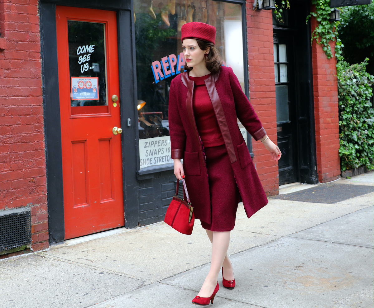 Rachel Brosnahan filming an episode of The Marvelous Mrs. Maisel