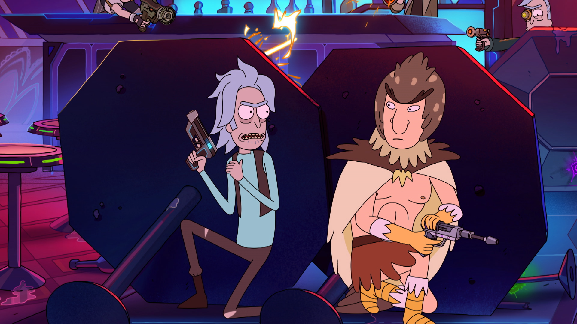 Rick and Bird Person, Rick and Morty, holding weaponry and hiding behind a table