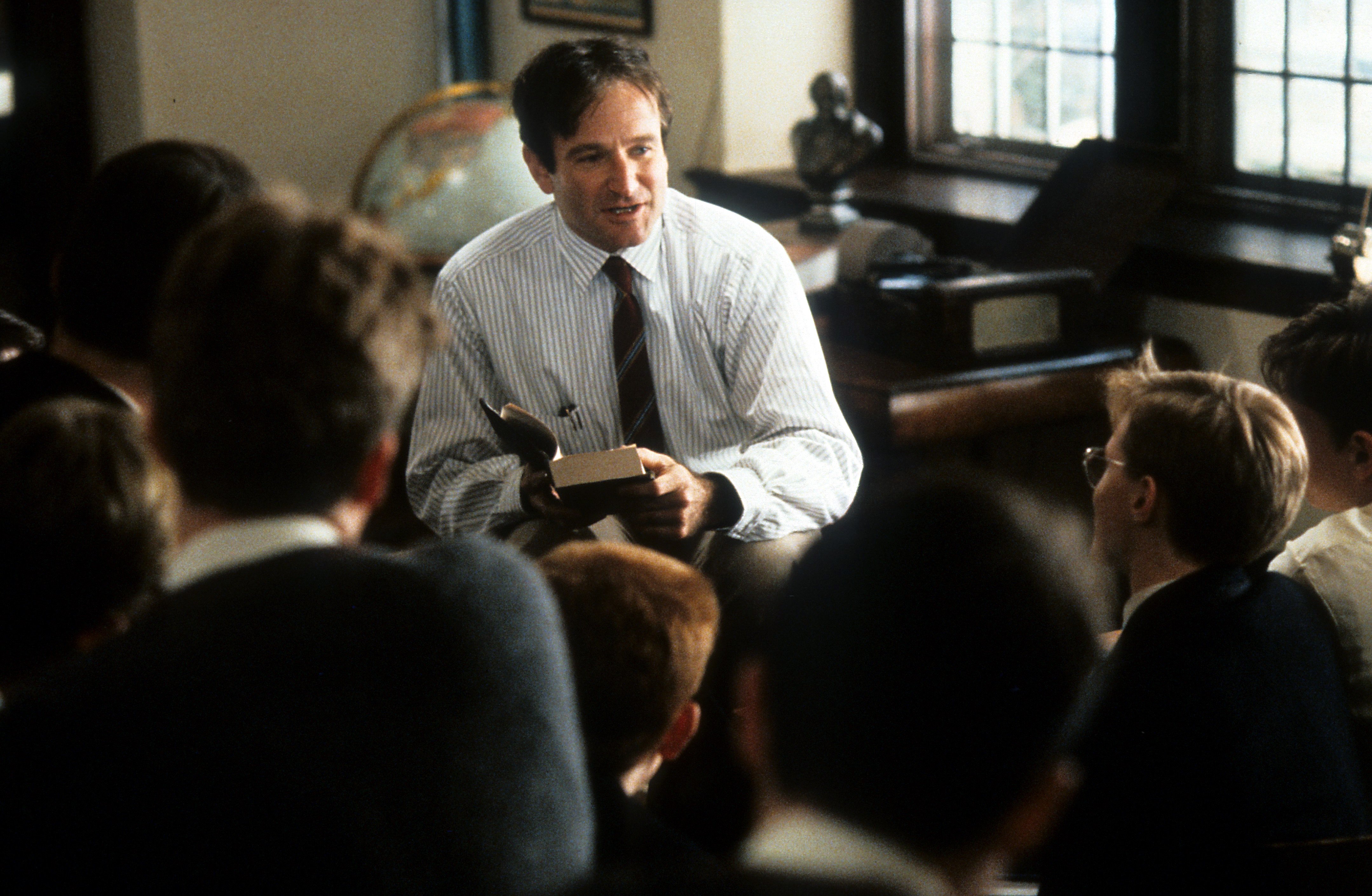 Robin Williams teaching a class in Dead Poets Society film