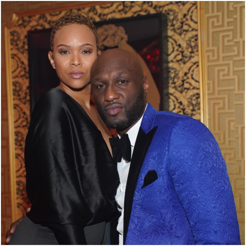 Sabrina Parr and Lamar Odom embracing each other in an evening gown and suit.