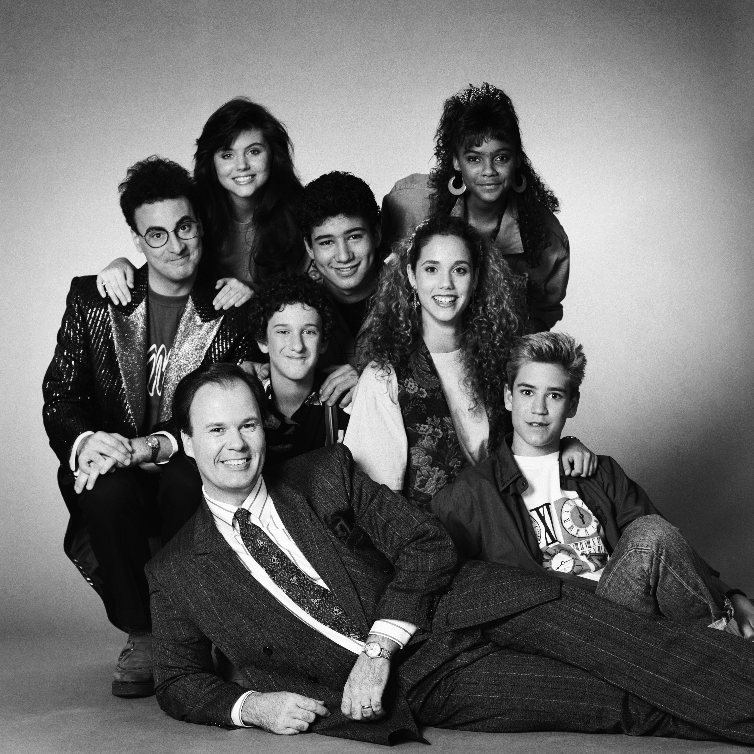 The cast of the successful teen show 'Saved by the Bell' pose for photos ahead of the series first season