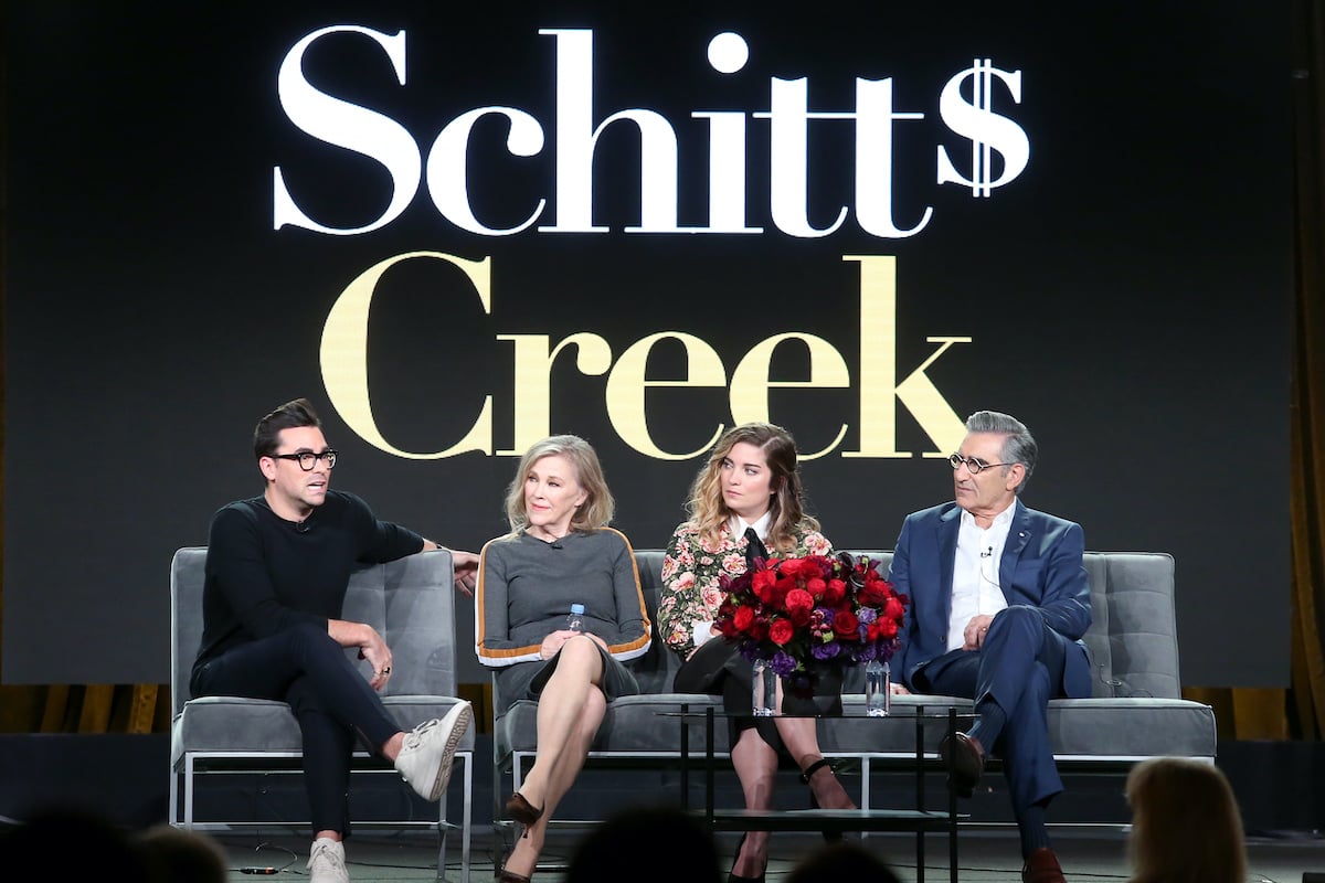 Schitt's Creek cast onstage at the 2018 Winter Television Critics Association Press Tour