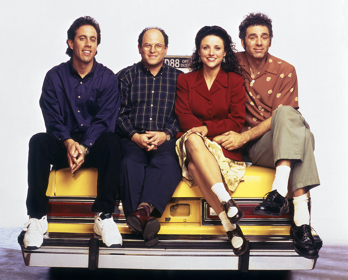 The cast of 'Seinfeld' poses for a photo shoot. Fans can watch 'Seinfeld' on Netflix in October 2021.