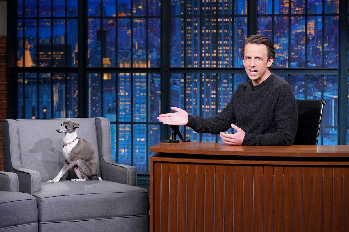 LATE NIGHT WITH SETH MEYERS -- Episode 1110A -- Pictured: Host Seth Meyers with his Italian Greyhound, Frisbee, on February 25, 2021