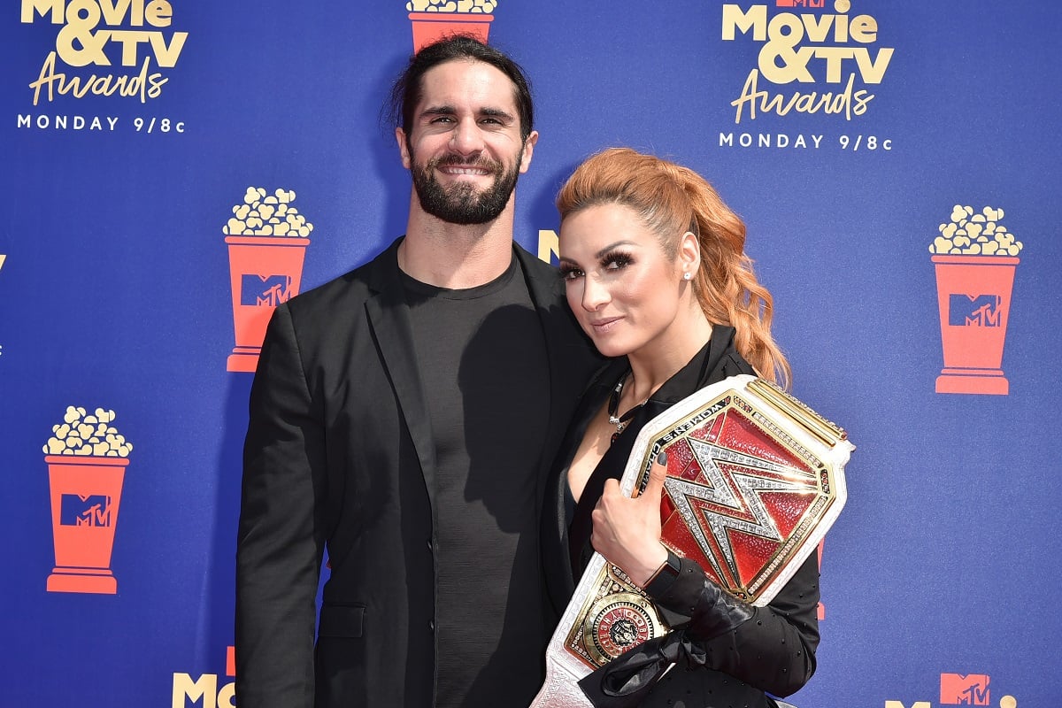 WWE stars Seth Rollins and Becky Lynch dressed in black at the 2019 MTV Movie & TV Awards.