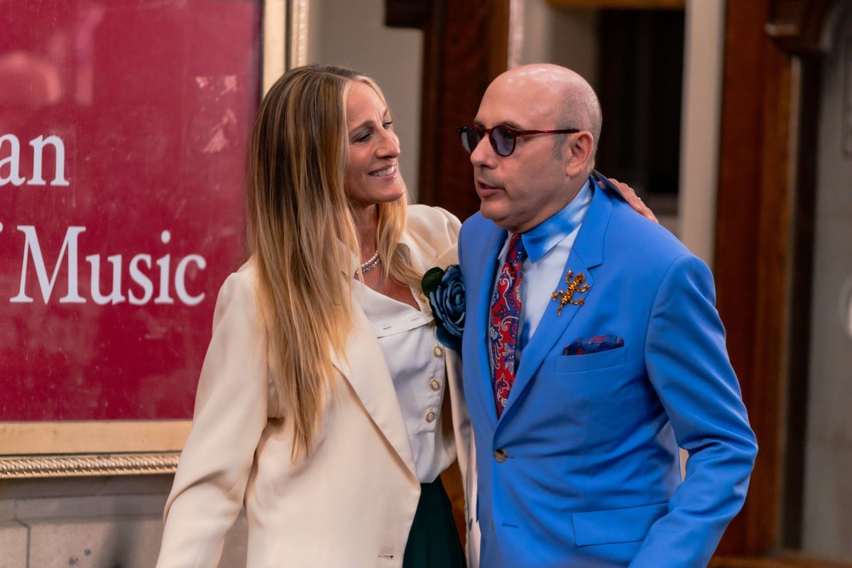 Sarah Jessica Parker and Willie Garson are seen filming "And Just Like That...", the 'Sex and the City' reboot, in Midtown on July 23, 2021, in New York City